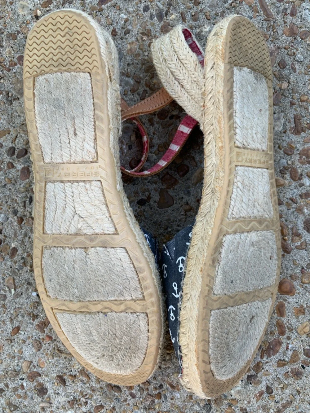 Sperry Navy Anchor Espadrille Sandals with Tan Straps
